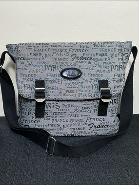 2010 Tour Souvenir Paris France Grey/Black Script Messenger Travel Bag